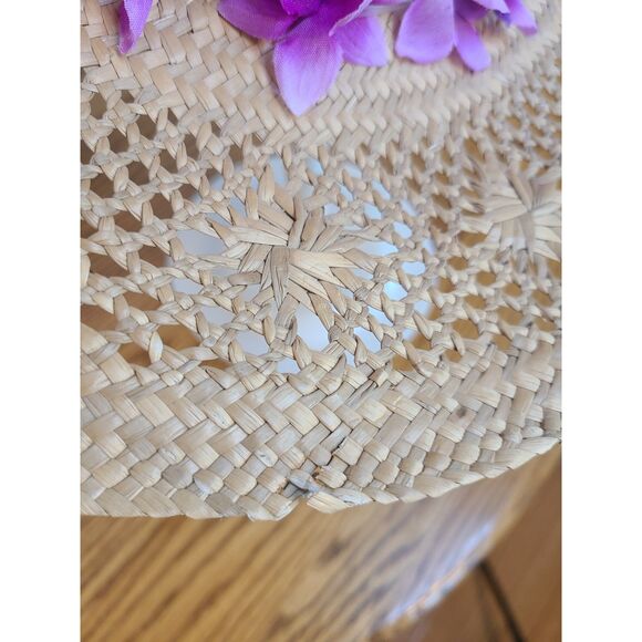 Vintage Raffia Straw Sun Hat Open Cane Weave Round Crown Wide Brim Shell Band - Picture 6 of 10